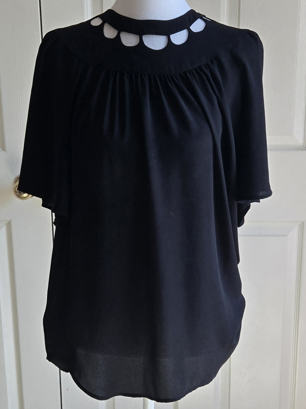 Ann Taylor Black Cutout Yoke Flutter Sleeve Blouse